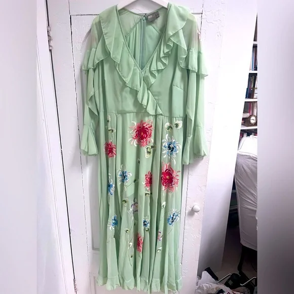 green emerald velvet dress Rent Asos Edition Velvet Wrap Midi Dress In Large Bloom Floral Embroidery  In Green main image 0